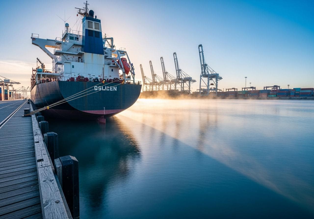 Cargo vessel alongside a port at dusk
