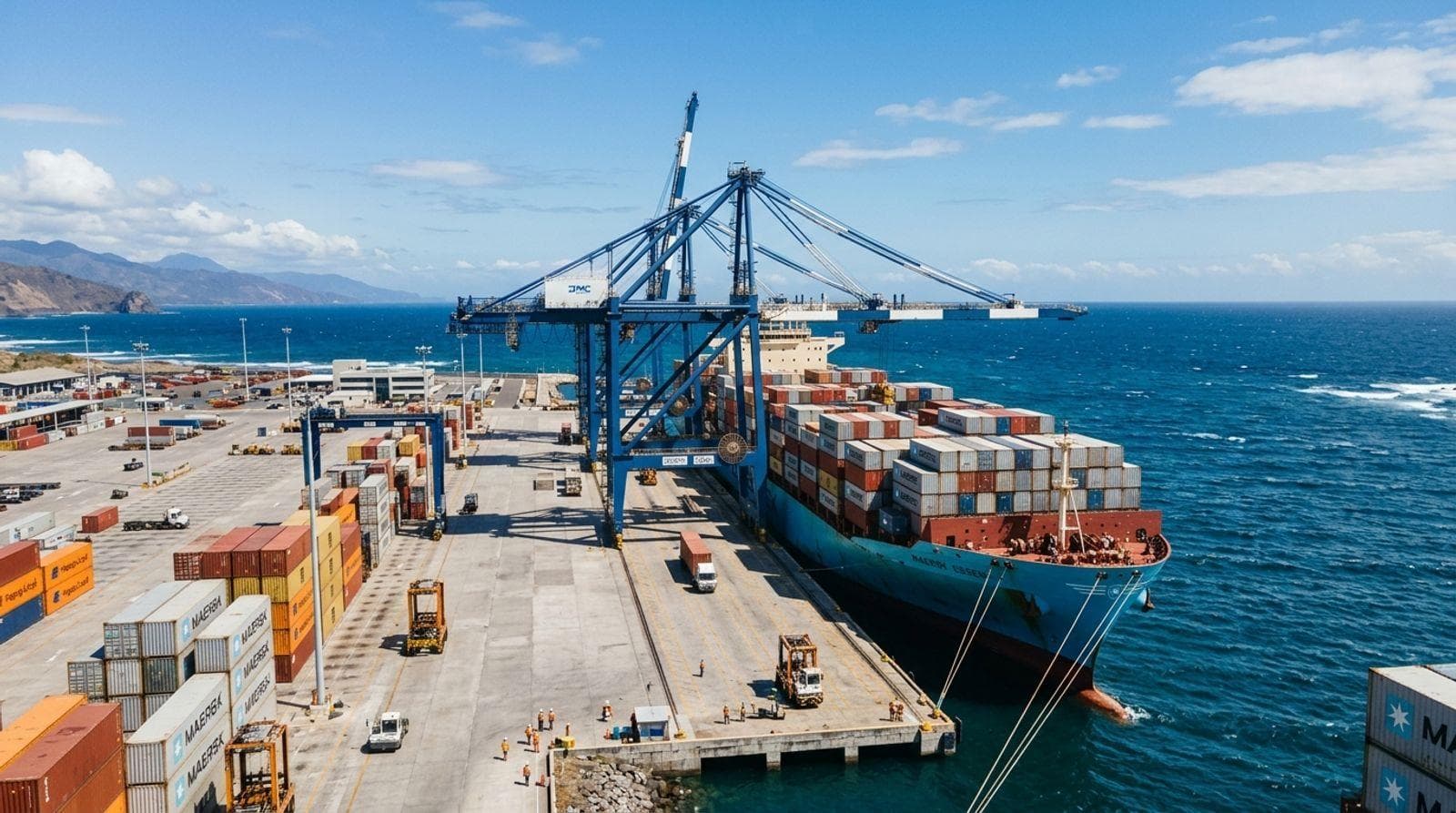 Container vessel alongside a maritime terminal